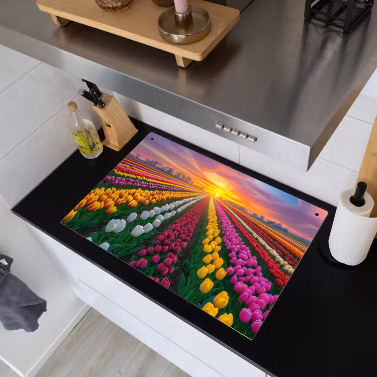 Tulpenveld - Zonsondergang - Kleurrijk Inductie beschemer met haakjes klein -sfeer1