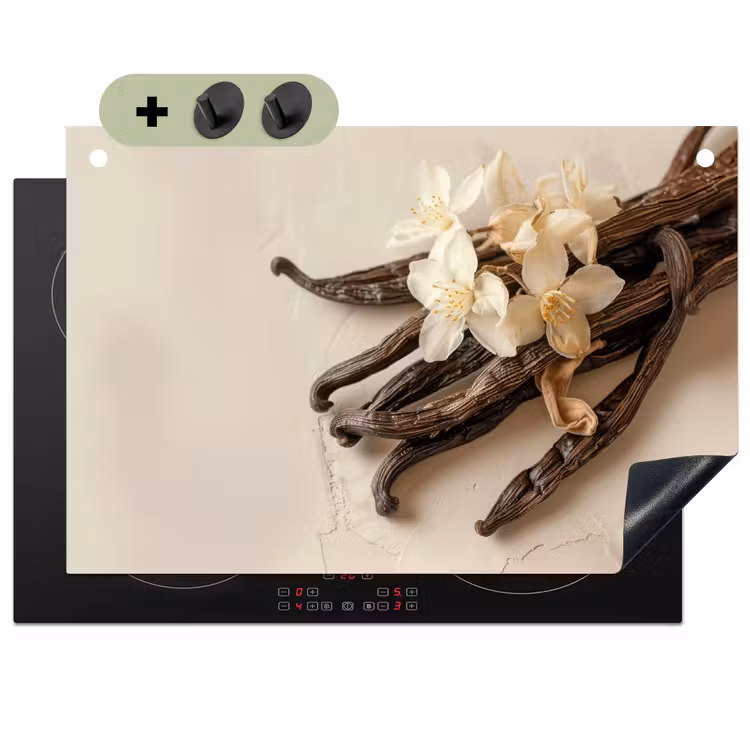 Vanille - Bloemen - Beige Inductie beschemer met haakjes klein -3d