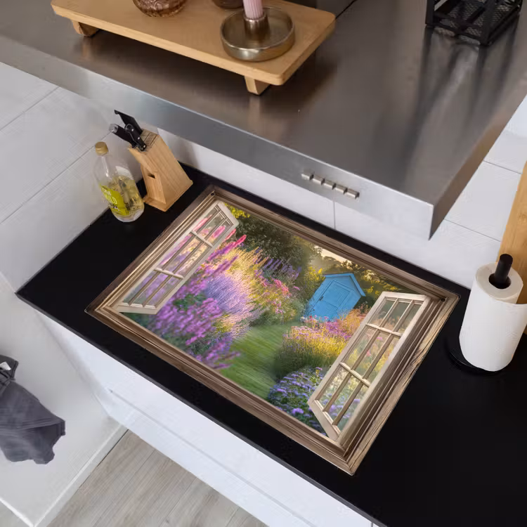 Doorkijk - Bloemen - Raam - Natuur Inductie beschemer met haakjes klein -sfeer1