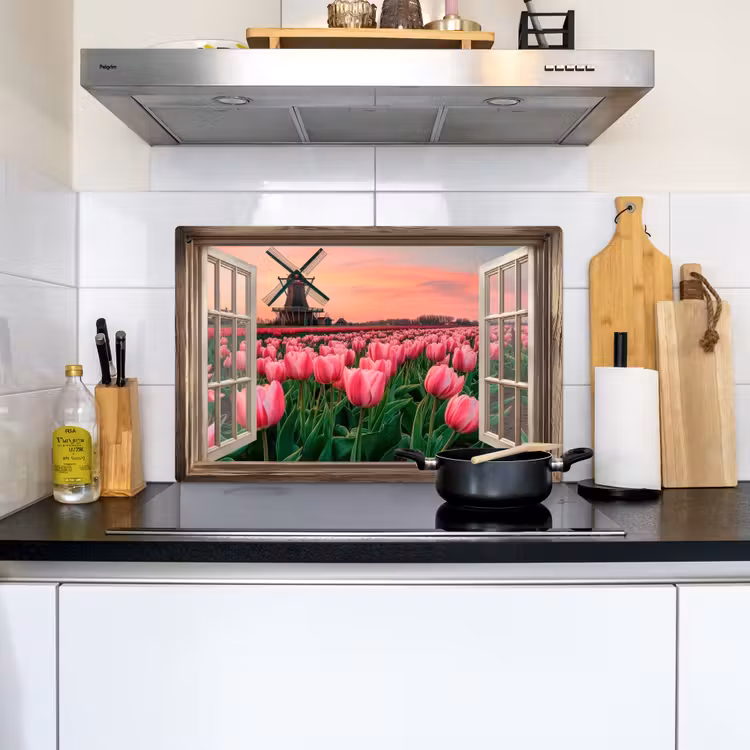 Doorkijk - Tulpen - Bloemen - Molen - Raam Inductie beschemer met haakjes klein -sfeer2