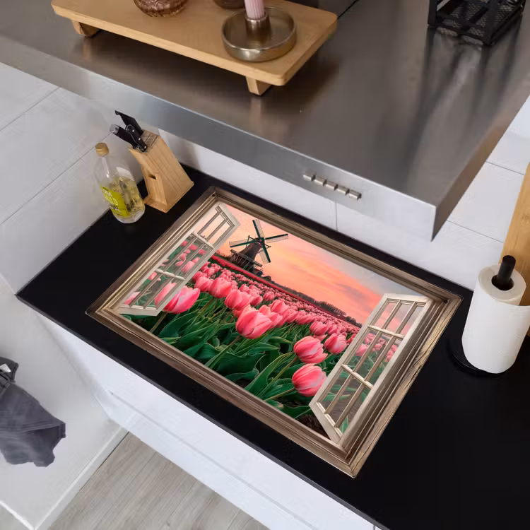 Doorkijk - Tulpen - Bloemen - Molen - Raam Inductie beschemer met haakjes klein -sfeer1