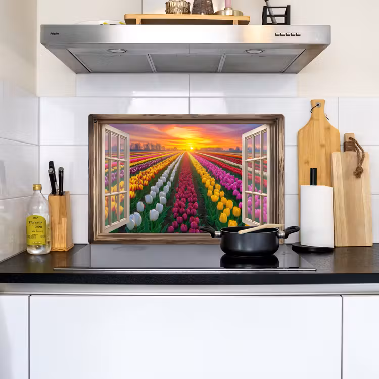 Doorkijk - Bloemen - Tulpen - Kleurrijk - Zonsondergang Inductie beschemer met haakjes klein -sfeer2