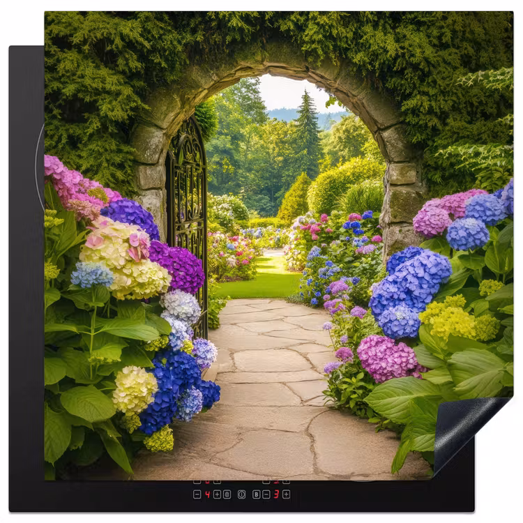 Doorkijk - Poort - Hortensia - Bloementuin Inductie beschermer vinyl 3mm middel -3d