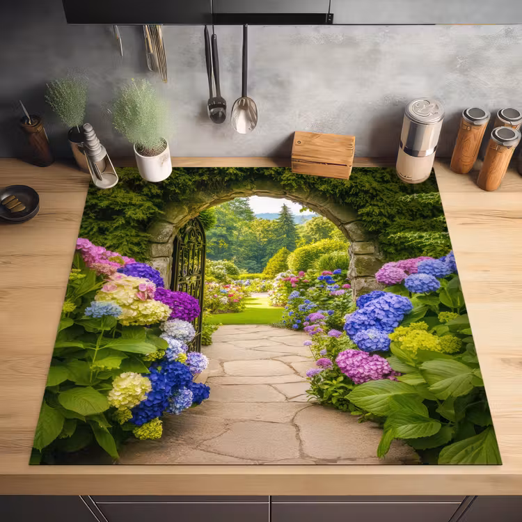 Doorkijk - Poort - Hortensia - Bloementuin Inductie beschermer vinyl 3mm middel -sfeer5