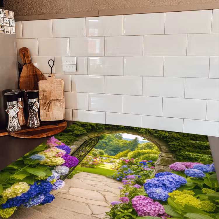 Doorkijk - Poort - Hortensia - Bloementuin Inductie beschermer vinyl 3mm middel -sfeer3