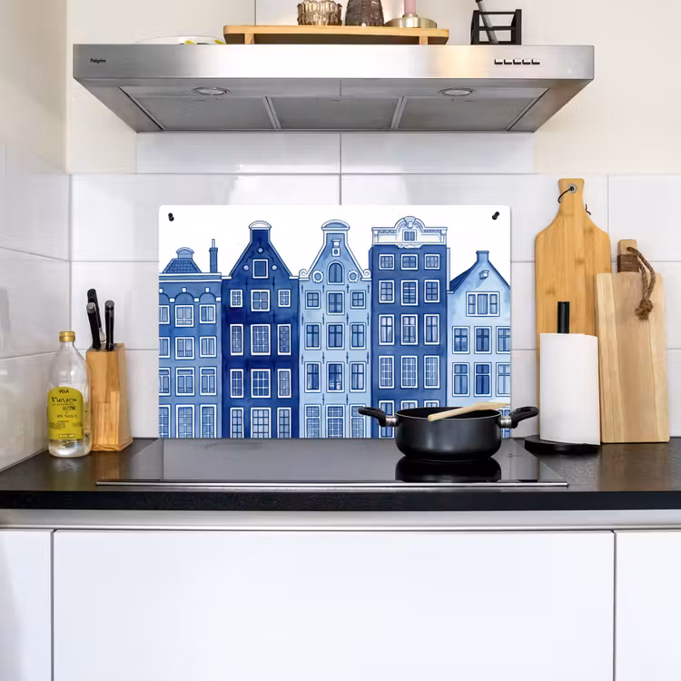 Aquarel - Grachtenpanden - Delfts - Blauw Inductie beschemer met haakjes klein -sfeer2
