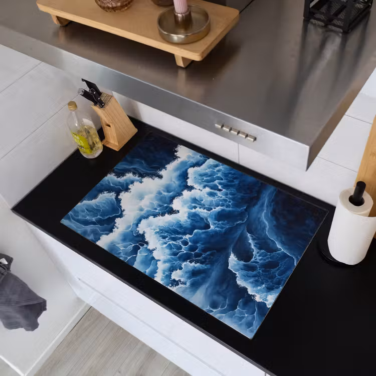 Golven - Blauw - Schuim Inductie beschemer met haakjes klein -sfeer1