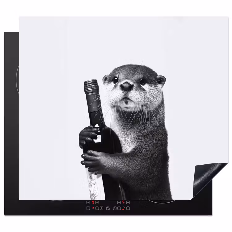 Wijnfles - Otter - Zwart Inductie beschermer vinyl 3mm middel -3d