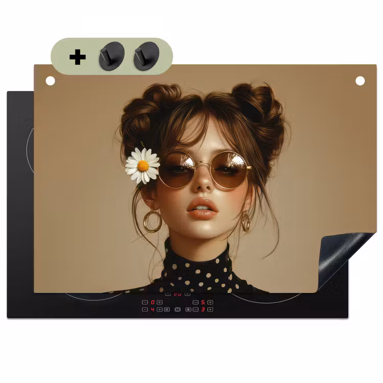 Vrouw - Beige - Bloem - Modern - Portret Inductie beschemer met haakjes klein -3d