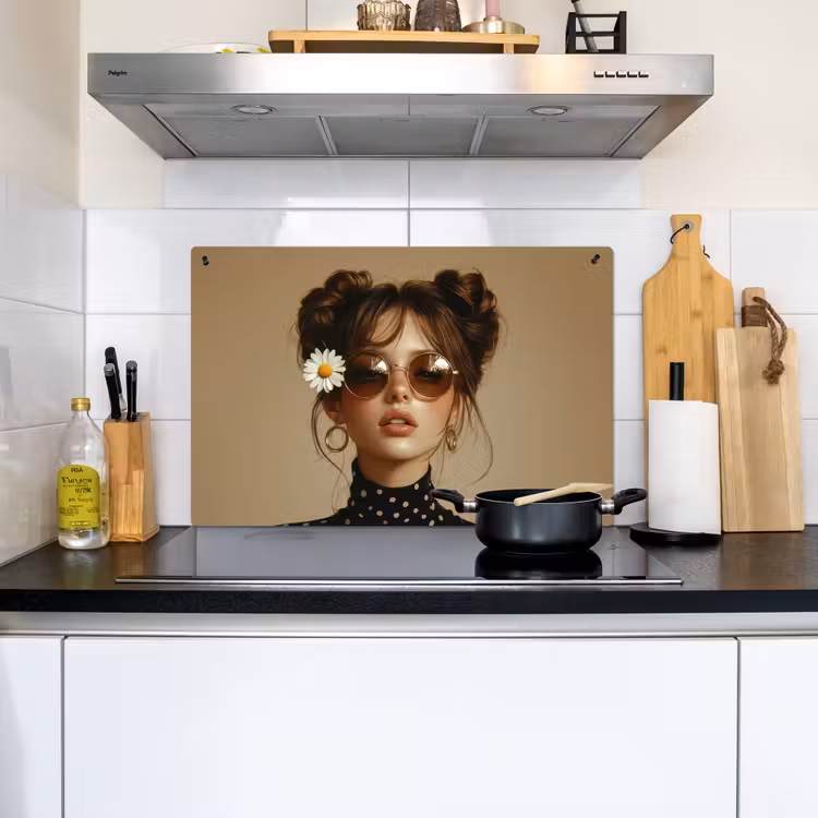 Vrouw - Beige - Bloem - Modern - Portret Inductie beschemer met haakjes klein -sfeer2