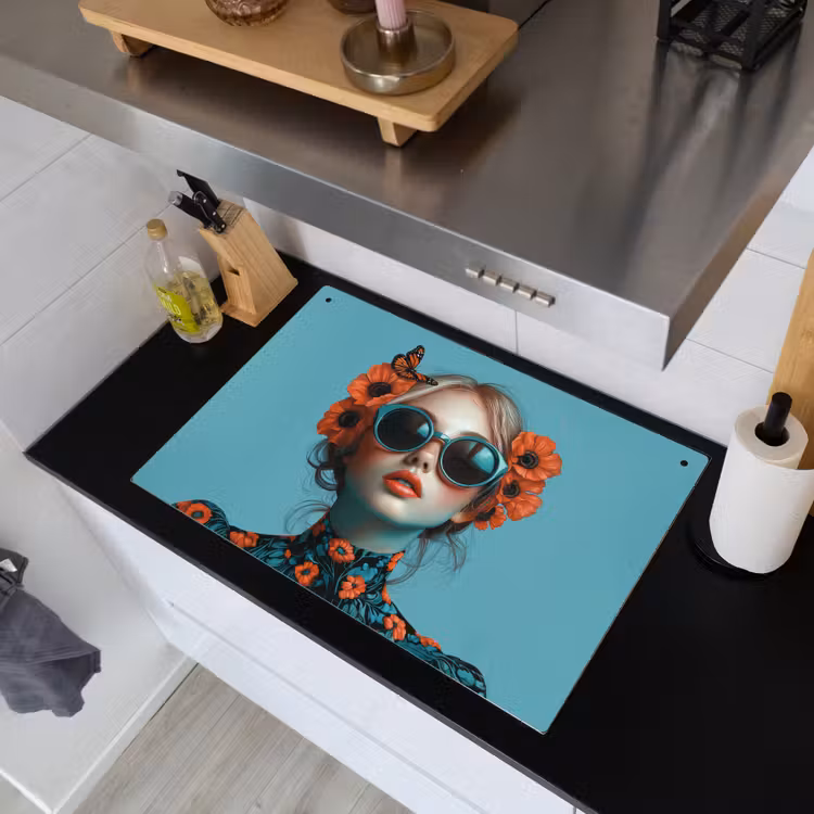 Vrouw - Blauw - Vlinder - Bloemen - Aesthetic Inductie beschemer met haakjes klein -sfeer1