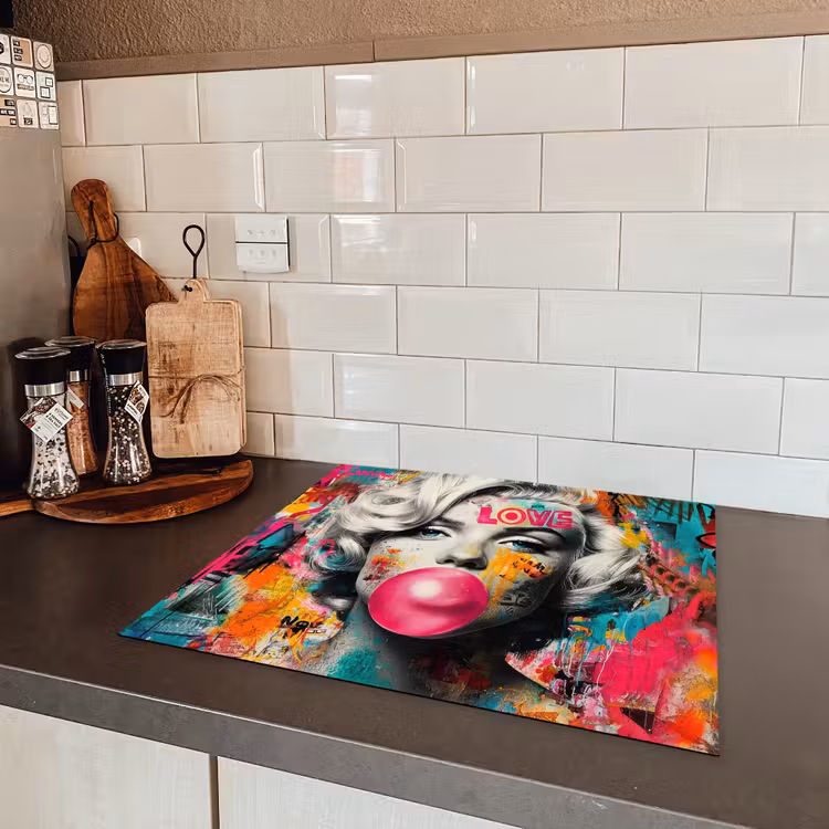 Vrouw - Kauwgom - Graffiti - Neonkleuren Inductie beschermer vinyl 3mm middel -sfeer3