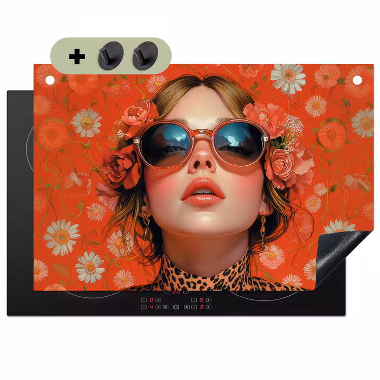 Vrouw - Kleurrijk - Dierenprint - Bloemen Inductie beschemer met haakjes klein -3d