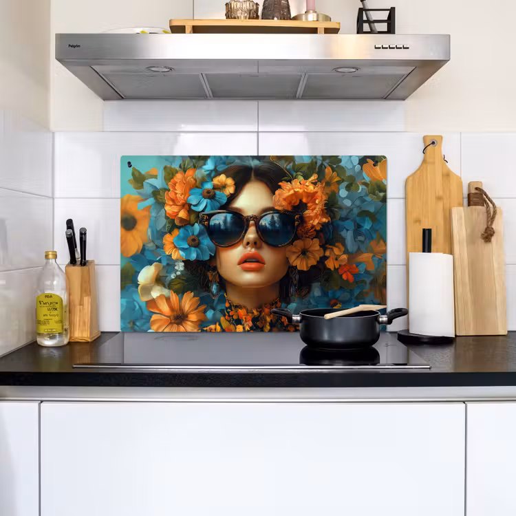 Vrouw - Bloemen - Oranje - Blauw - Modern Inductie beschemer met haakjes klein -sfeer2