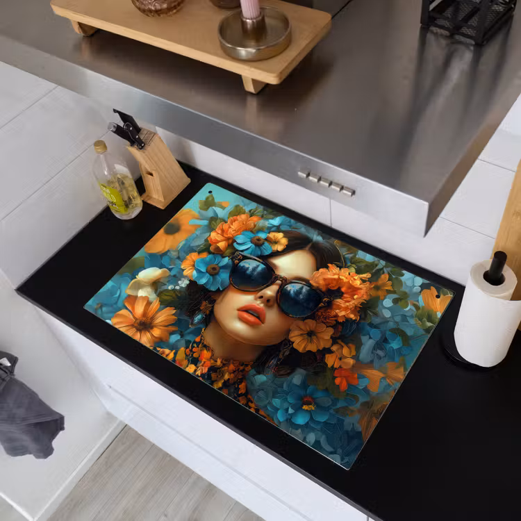 Vrouw - Bloemen - Oranje - Blauw - Modern Inductie beschemer met haakjes klein -sfeer1