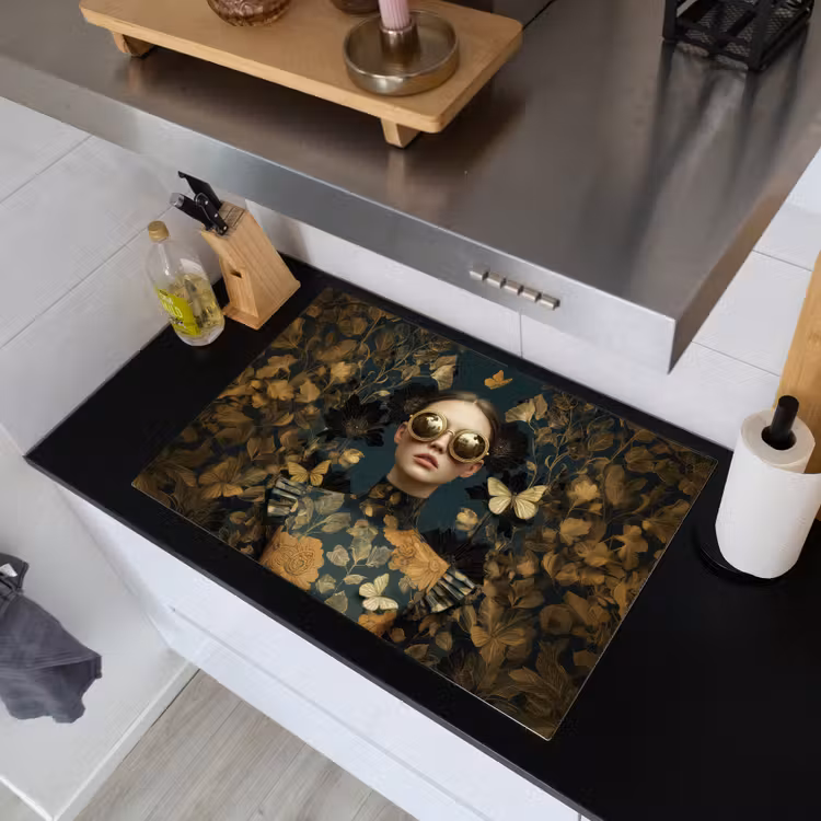 Vrouw - Bladeren - Goud - Vlinders Inductie beschemer met haakjes klein -sfeer1