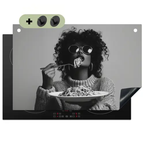 Vrouw - Pasta - Zwart - Wit Inductie beschemer met haakjes klein -3d