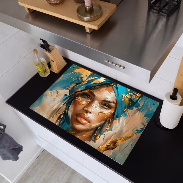 Vrouw - Portret - Goud - Luxe - Blauw Inductie beschemer met haakjes klein -sfeer1