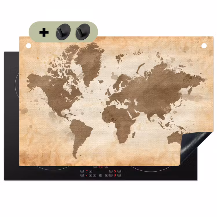 Wereldkaart - Beige - Bruin Inductie beschemer met haakjes klein -3d