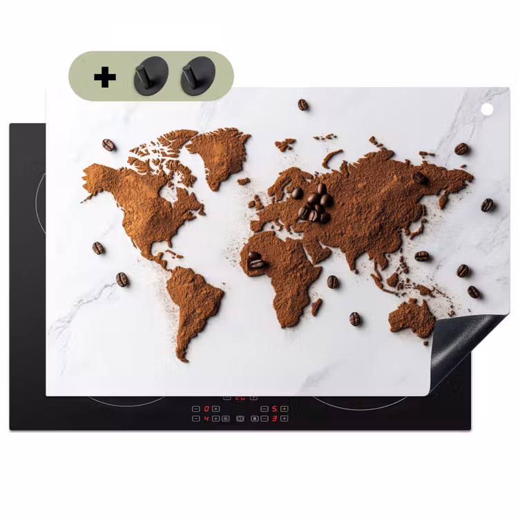 Wereldkaart - Koffie - Marmer Inductie beschemer met haakjes klein -3d