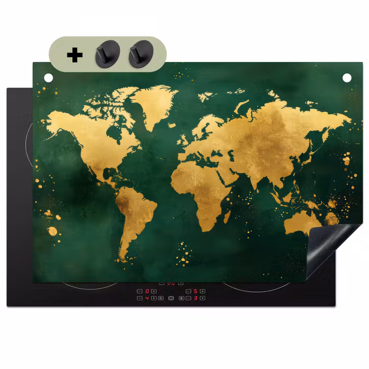 Wereldkaart - Groen - Goud Inductie beschemer met haakjes klein -3d