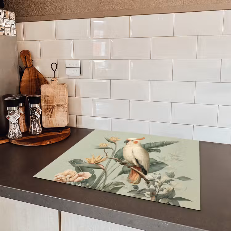 Gele kuifkaketoe - paradijsvogelbloemen - Groen Inductie beschermer vinyl 3mm middel -sfeer3