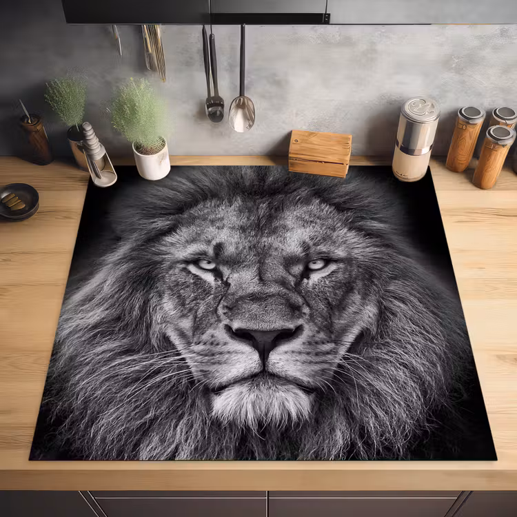 Dieren - Leeuw - Zwart - Wit - Portret Inductie beschermer vinyl 3mm middel -sfeer5