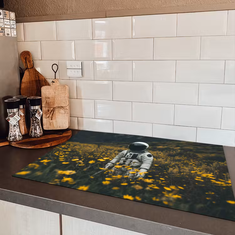 Astronaut - Bloemen - Veld - Geel Inductie beschermer vinyl 3mm klein -sfeer3