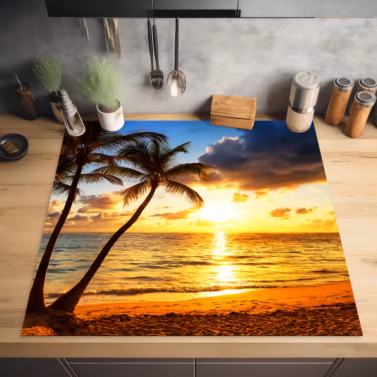 Strand - Horizon - Zonsondergang - Palmboom - Zee Inductie beschermer vinyl 3mm middel -sfeer5