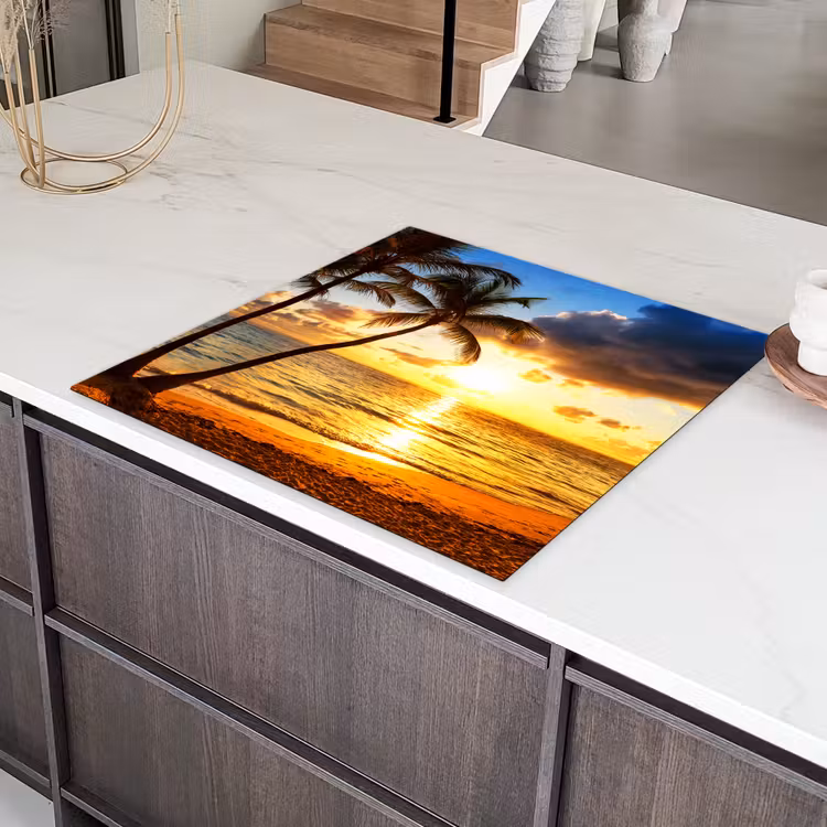 Strand - Horizon - Zonsondergang - Palmboom - Zee Inductie beschermer vinyl 3mm middel -sfeer8