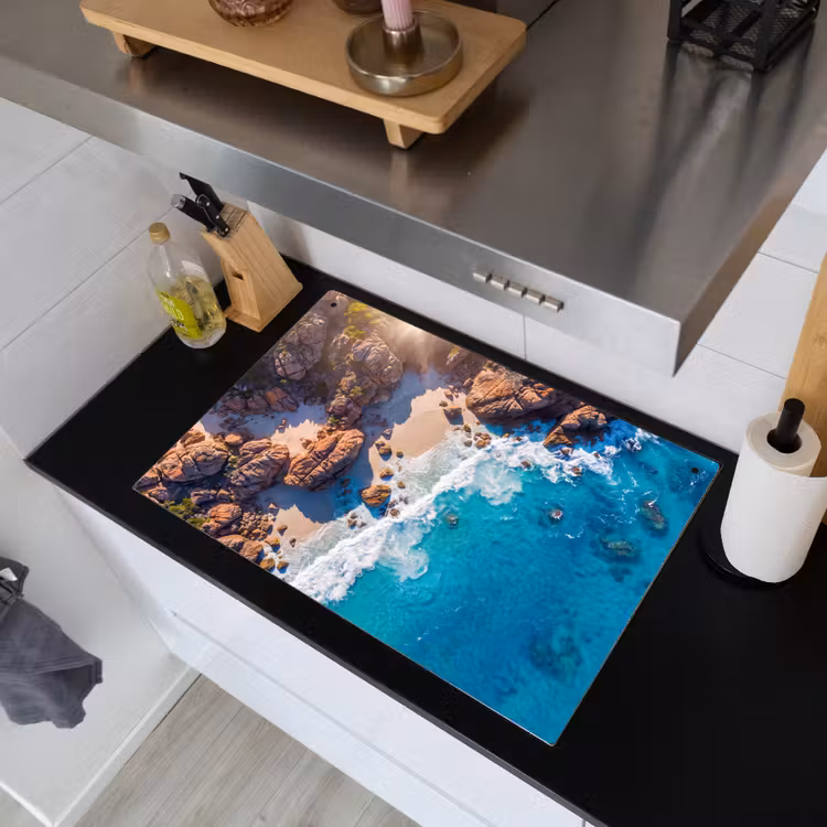 Strand - Zee - Rotsen - Natuur - Blauw Inductie beschemer met haakjes klein -sfeer1