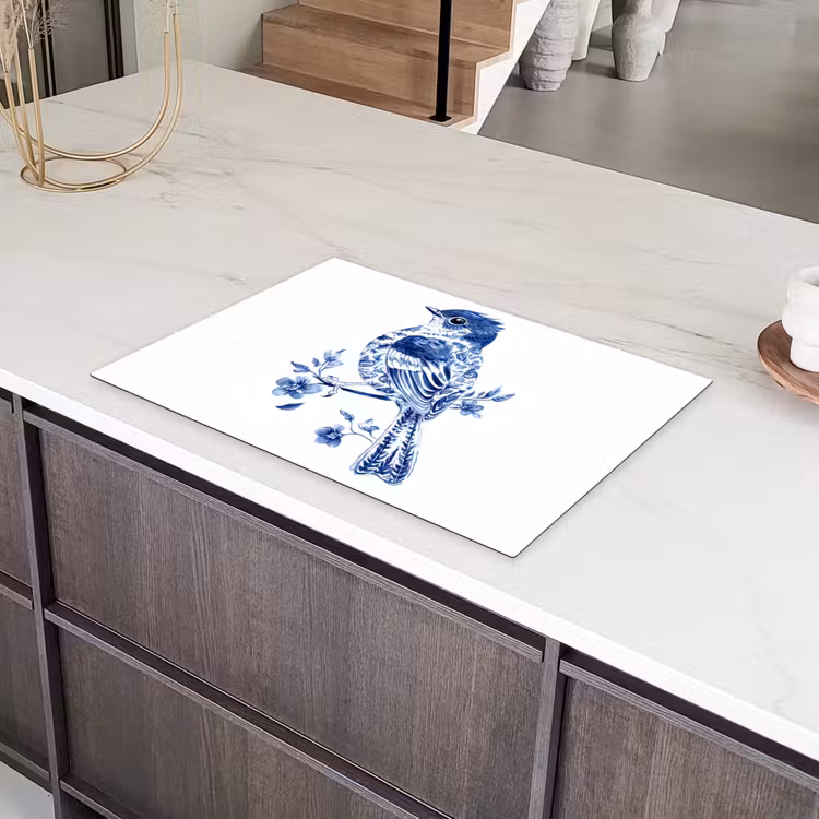Vogel - Delfts blauw - Illustratie - Bloemen Inductie beschermer vinyl 3mm klein -sfeer8