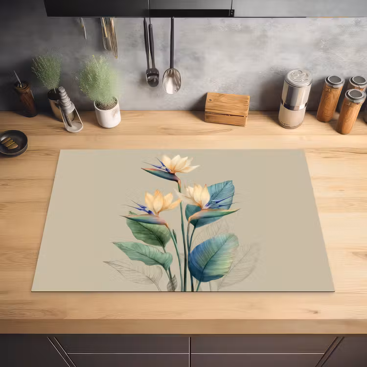 Paradijsvogelbloemen - Blauwgroene bladeren - Beige Inductie beschermer vinyl 3mm klein -sfeer5