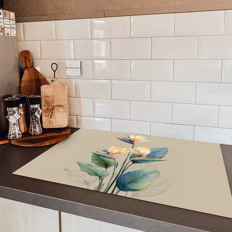 Paradijsvogelbloemen - Blauwgroene bladeren - Beige Inductie beschermer vinyl 3mm klein -sfeer3