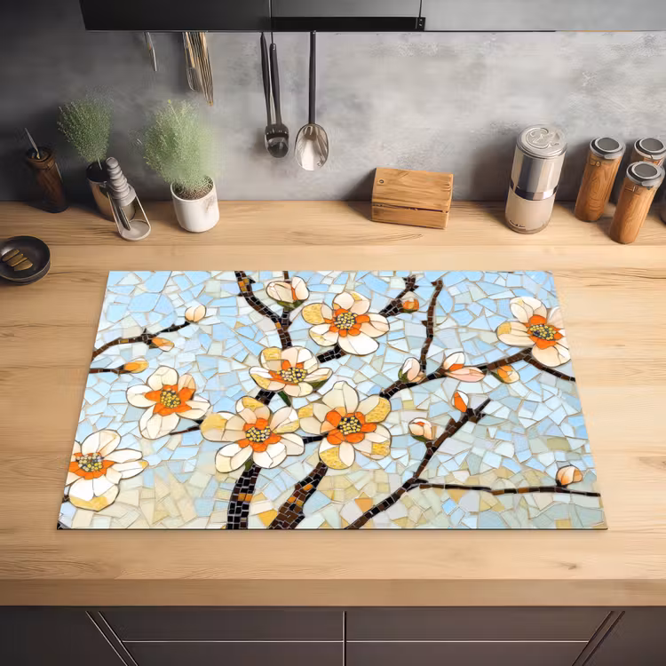 Bloesems - Wit - Mozaïek - Tak Inductie beschermer vinyl 3mm klein -sfeer5