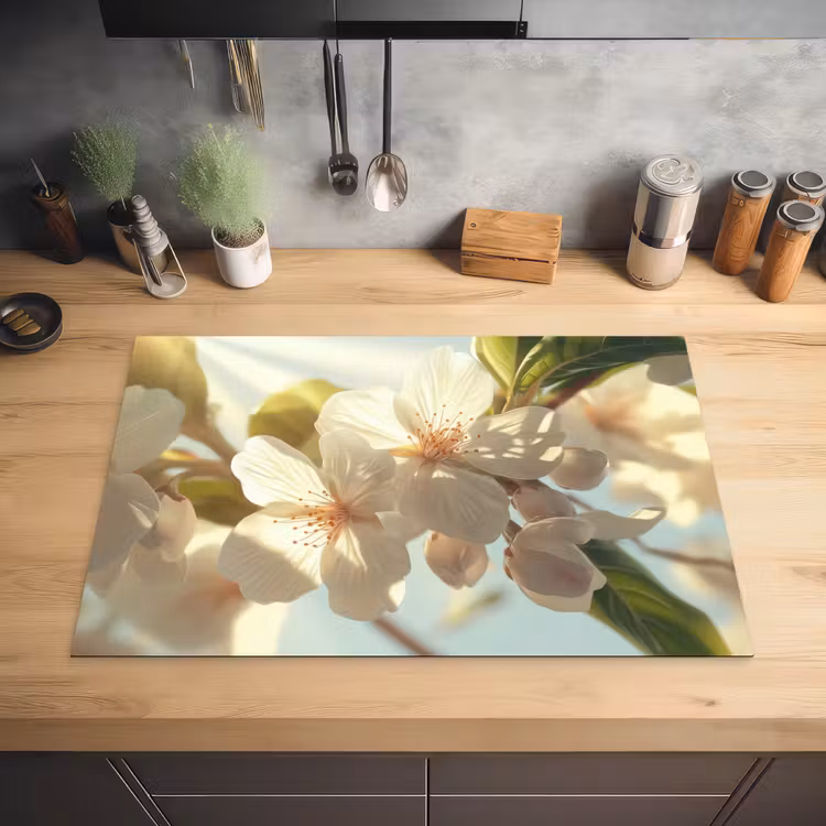 Bloesems - Wit - Zonnestralen - Bloemblaadjes Inductie beschermer vinyl 3mm klein -sfeer5