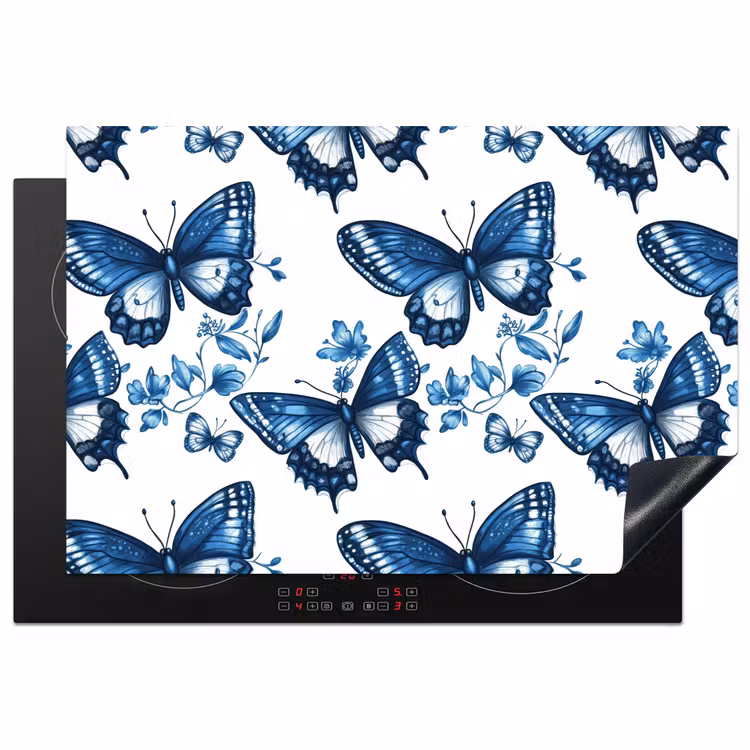 Blauw - Vlinders - Bloemen - Wit Inductie beschermer vinyl 3mm klein 276 -3d