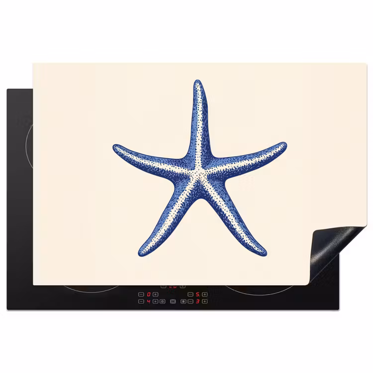 Blauwe zeester - Minimalistisch - Beige Inductie beschermer vinyl 3mm klein -3d