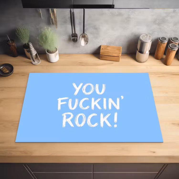 Blauw - Wit - You fuckin rock Inductie beschermer vinyl 3mm klein -sfeer5