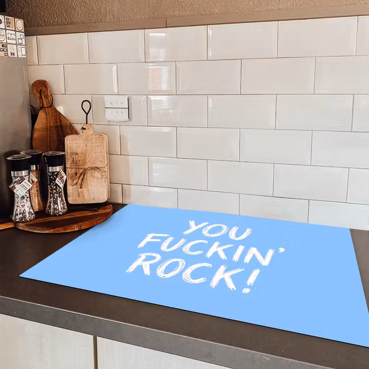 Blauw - Wit - You fuckin rock Inductie beschermer vinyl 3mm klein -sfeer3