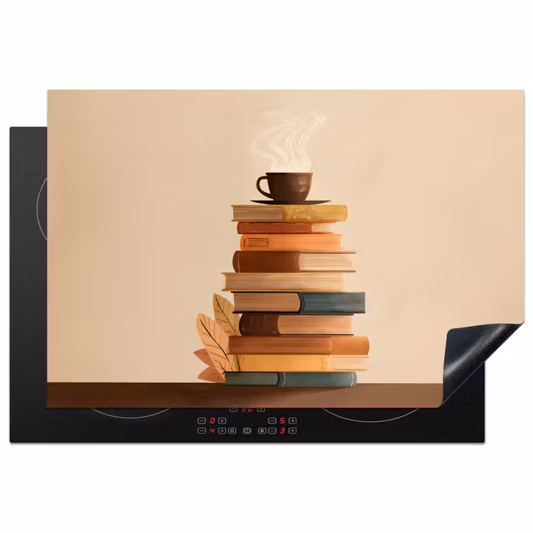 Boeken - Toren - Koffie - Beige Inductie beschermer vinyl 3mm klein -3d