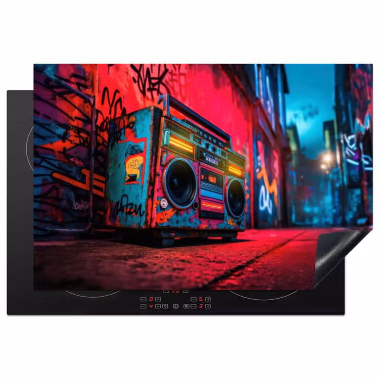 Boombox - Rood - Graffiti - Neon Inductie beschermer vinyl 3mm klein -3d