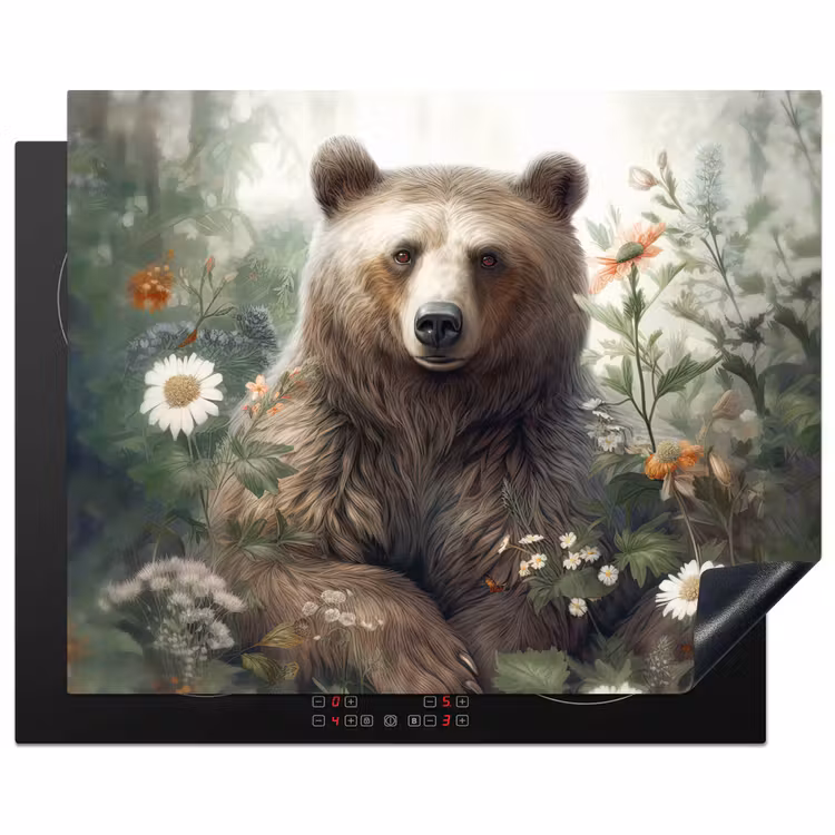 Bruine beer - Wilde dieren - Bloemen - Planten Inductie beschermer vinyl 3mm groot -3d