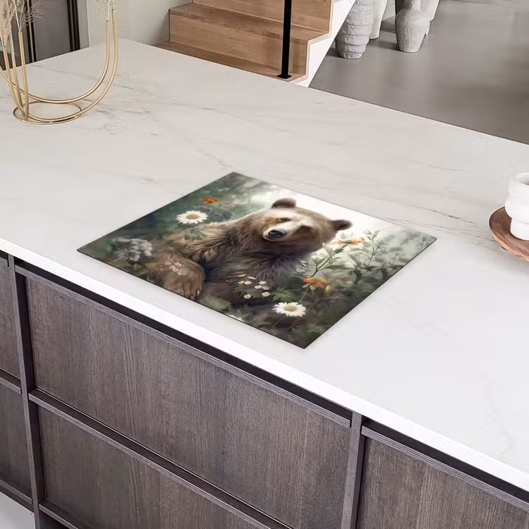 Bruine beer - Wilde dieren - Bloemen - Planten Inductie beschermer vinyl 3mm groot -sfeer8