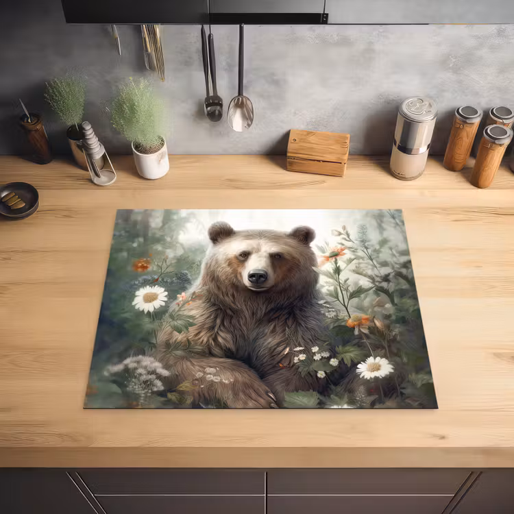 Bruine beer - Wilde dieren - Bloemen - Planten Inductie beschermer vinyl 3mm groot -sfeer5