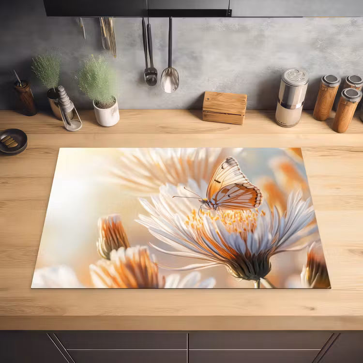 Vlinder - Bloem - Oranje Inductie beschermer vinyl 3mm klein -sfeer5