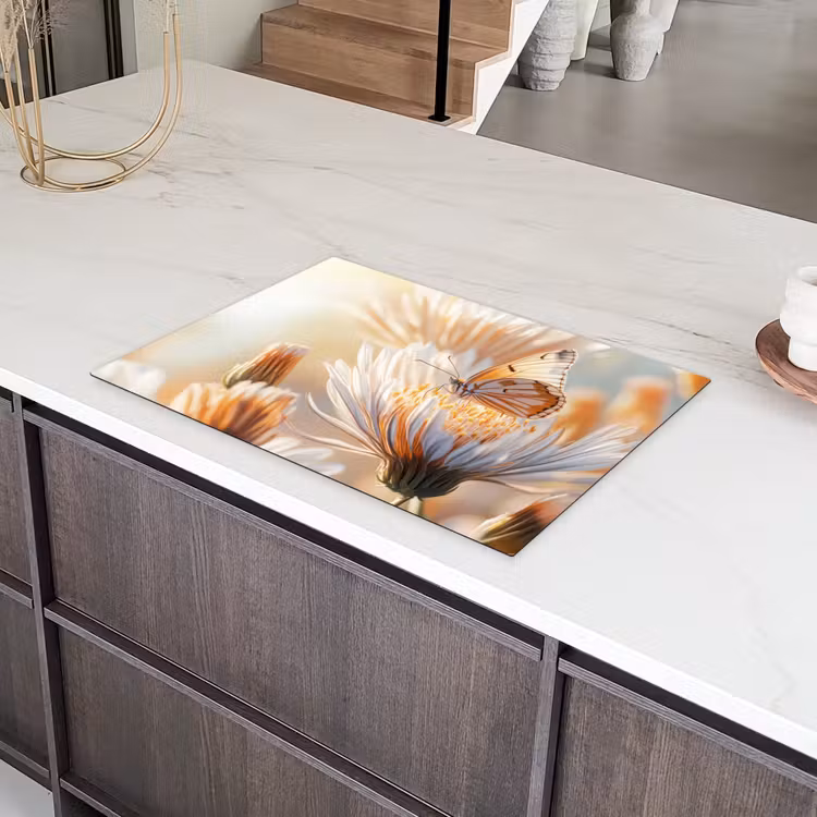 Vlinder - Bloem - Oranje Inductie beschermer vinyl 3mm klein -sfeer8