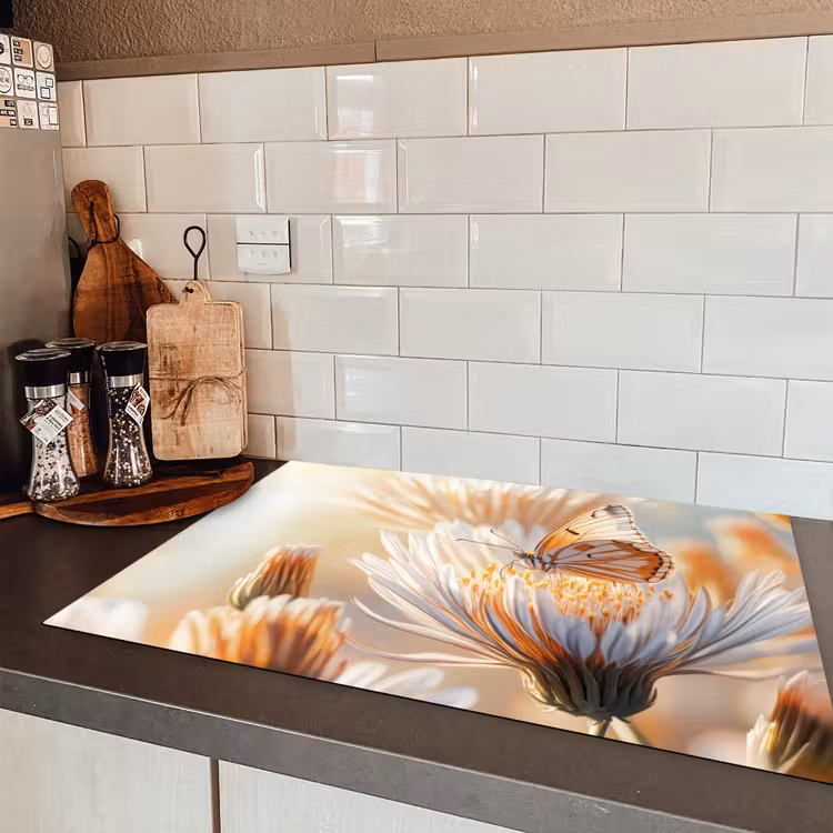 Vlinder - Bloem - Oranje Inductie beschermer vinyl 3mm klein -sfeer3
