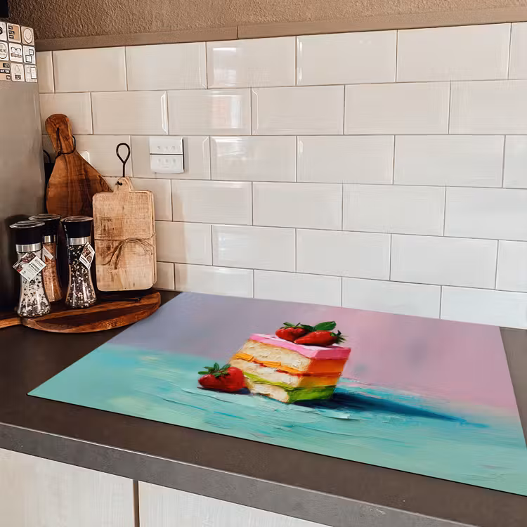 Taartje - Aardbeien - Glazuur - Kleurrijk Inductie beschermer vinyl 3mm klein -sfeer3