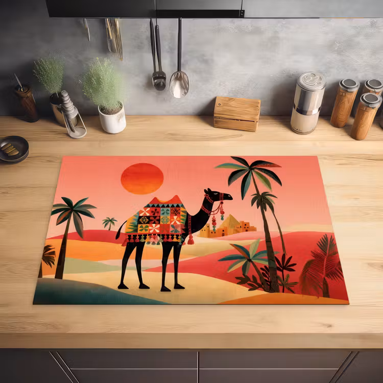 Kameel - Gekleurd tapijt - Duinen - Rode zon Inductie beschermer vinyl 3mm klein -sfeer5